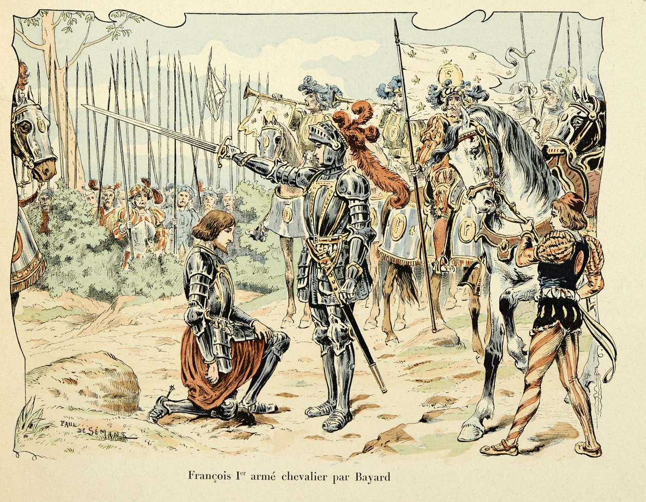 Illustration hämtad från boken "Histoire du chevalier Bayard" av Theodore Cahu, illustrerad av Paul De Semant (1855-1915): Francois 1, er arme chevalier par Bayard 1515 av Paul de Semant
