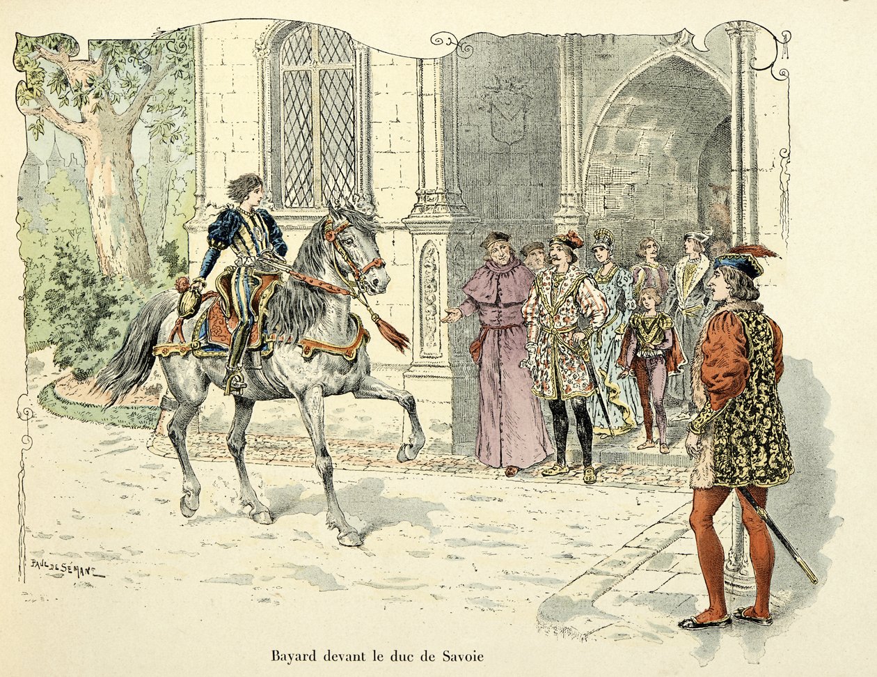 Illustration hämtad från boken "Histoire du chevalier Bayard" av Theodore Cahu, illustrerad av Paul De Semant (1855-1915): Bayard 11 år före hertigen av Savoyen 1486 av Paul de Semant