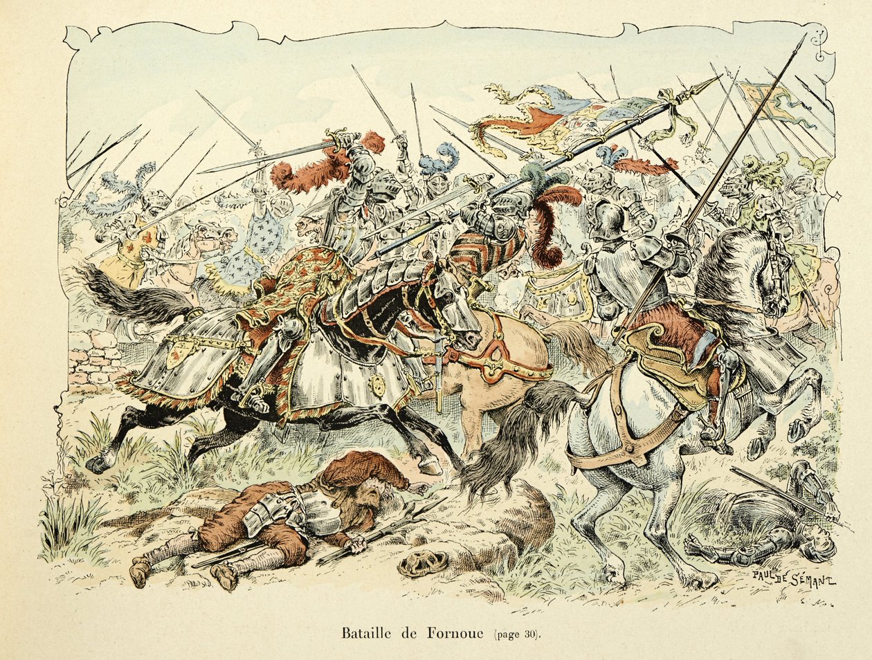 Illustration hämtad från boken "Histoire du chevalier Bayard" av Theodore Cahu, illustrerad av Paul De Semant (1855-1915): Slaget vid Fornoua 1495 av Paul de Semant