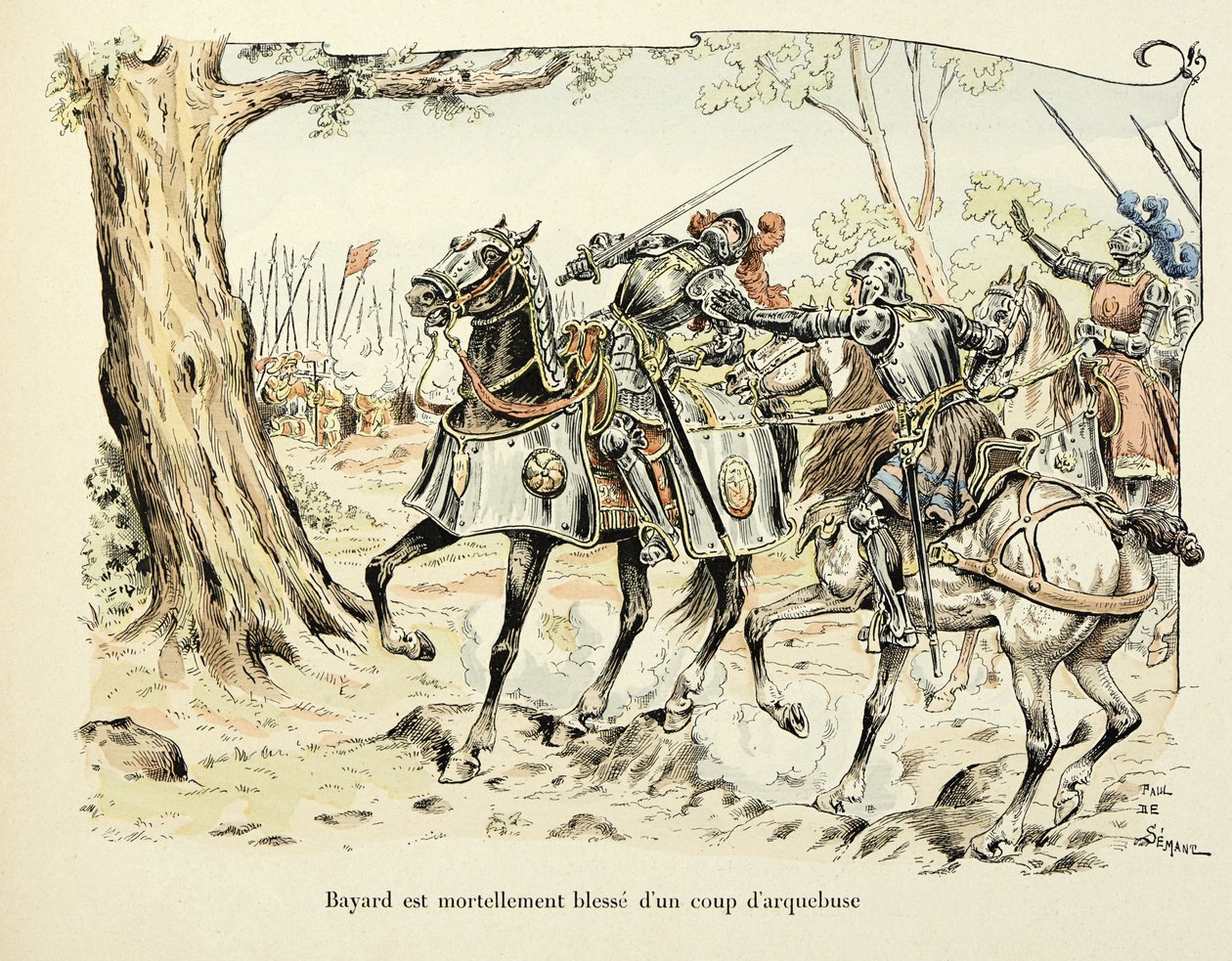 Illustration hämtad från boken "Histoire du chevalier Bayard" av Theodore Cahu, illustrerad av Paul De Semant (1855-1915): Bayard sårar dödligt med ett skott av arkebuse 1524 av Paul de Semant