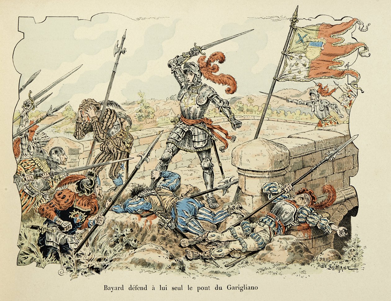 Illustration hämtad från boken "Histoire du chevalier Bayard" av Theodore Cahu, illustrerad av Paul De Semant (1855-1915): Bayard försvarar endast bron Garigliano 1504 av Paul de Semant