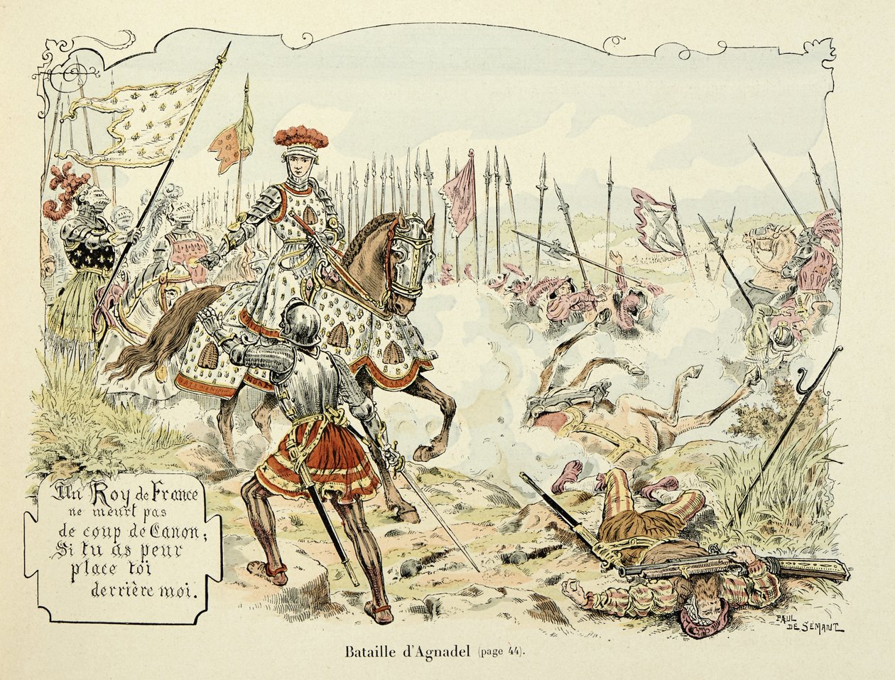 Illustration hämtad från boken "Histoire du chevalier Bayard" av Theodore Cahu, illustrerad av Paul De Semant (1855-1915): Slaget vid Agnadel 1509 av Paul de Semant