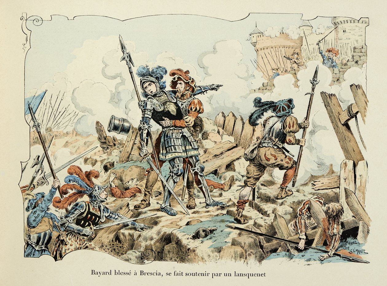 Illustration hämtad från boken "Histoire du chevalier Bayard" av Theodore Cahu, illustrerad av Paul De Semant (1855-1915): Bayard sårar en Brescia med stöd av en lansquenet 1512 av Paul de Semant