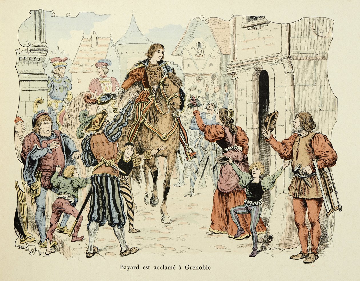 Illustration hämtad från boken "Histoire du chevalier Bayard" av Theodore Cahu, illustrerad av Paul De Semant (1855-1915): Bayard hyllar i Grenoble av Paul de Semant
