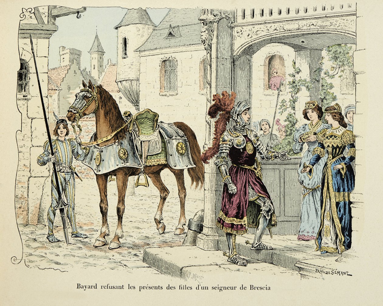 Illustration hämtad från boken "Histoire du chevalier Bayard" av Theodore Cahu, illustrerad av Paul De Semant (1855-1915): Bayard vägrar gåvor från döttrarna till en herre av Brescia 1512 av Paul de Semant