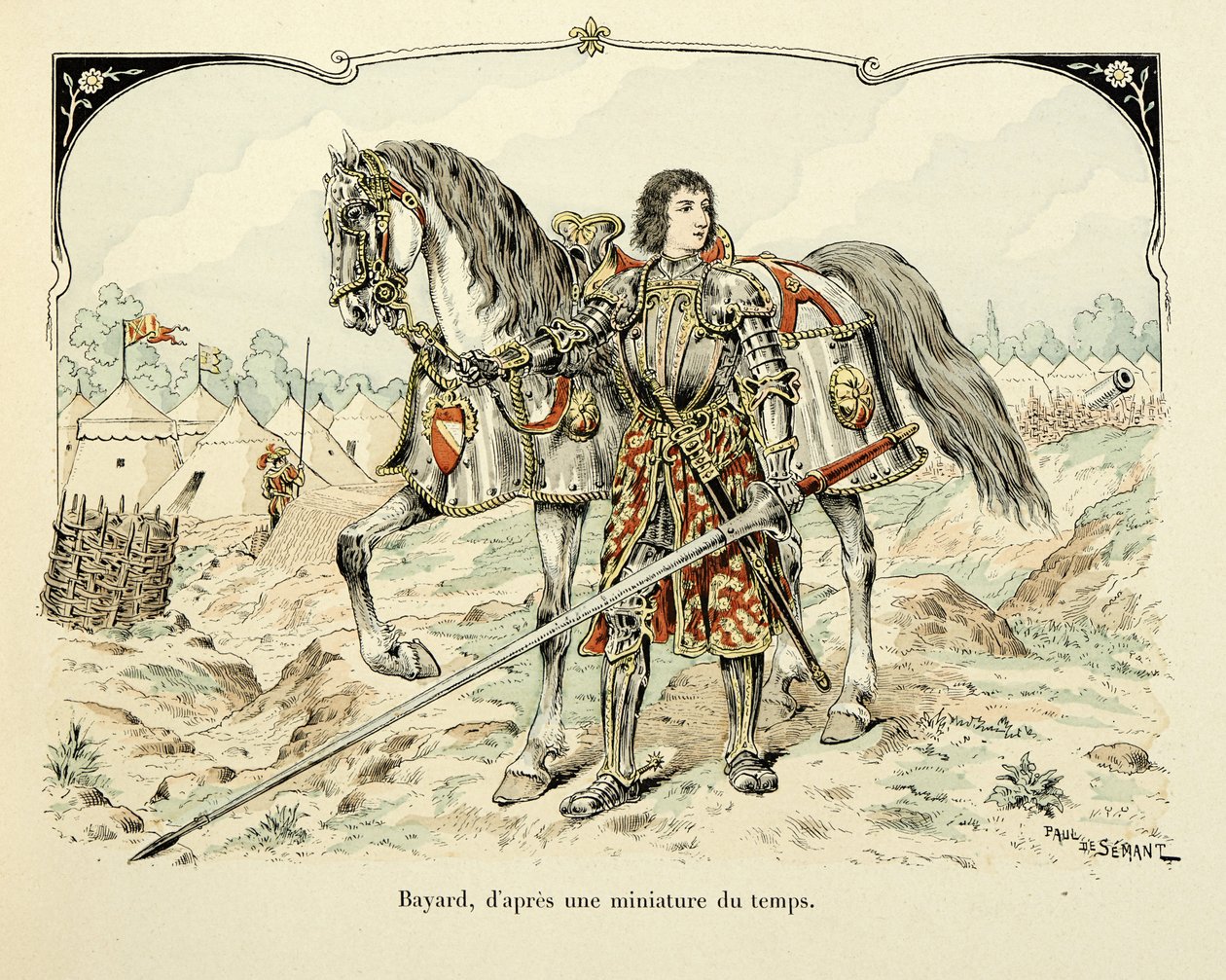 Illustration hämtad från boken "Histoire du chevalier Bayard" av Theodore Cahu, illustrerad av Paul De Semant (1855-1915): Porträtt av Bayard efter en miniatyr av perioden av Paul de Semant