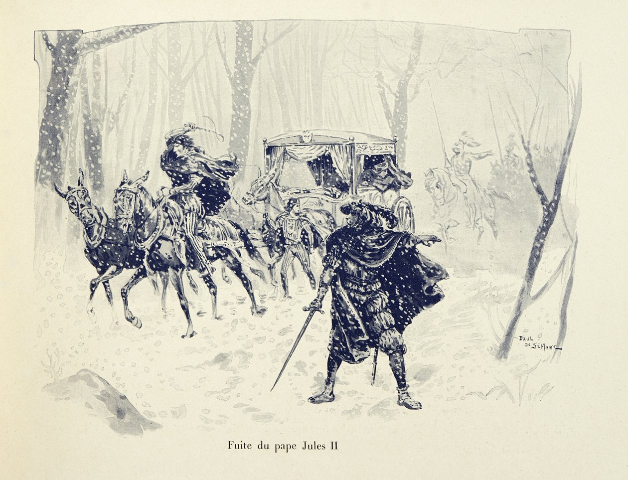 Illustration hämtad från boken "Histoire du chevalier Bayard" av Theodore Cahu, illustrerad av Paul De Semant (1855-1915): Flight of Pope Julius II av Paul de Semant