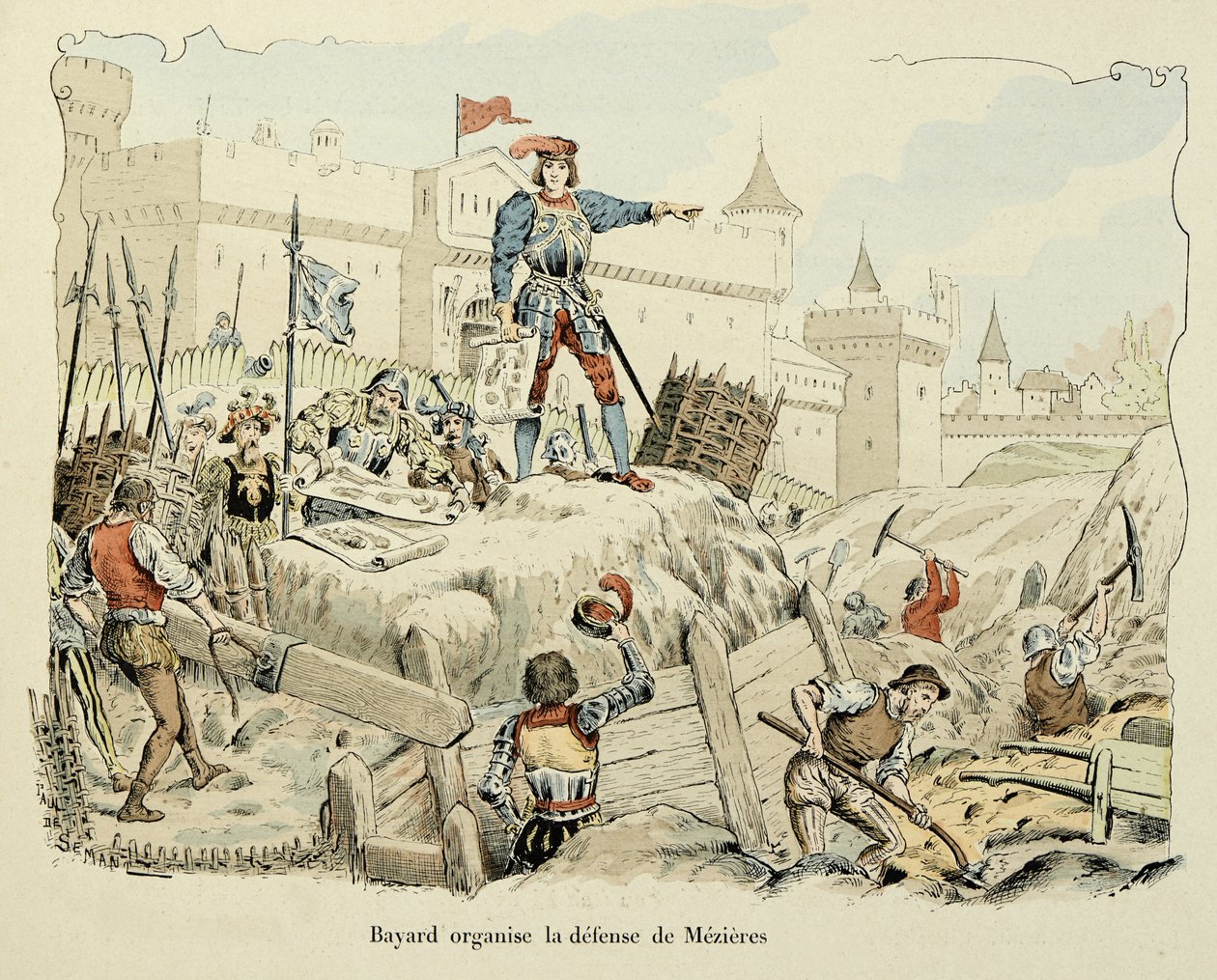 Illustration hämtad från boken "Histoire du chevalier Bayard" av Theodore Cahu, illustrerad av Paul De Semant (1855-1915): Bayard organiserar försvaret av Mezieres 1521 av Paul de Semant