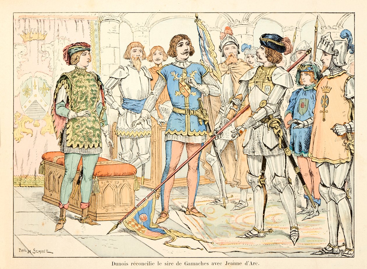 Illustration hämtad från boken "" Joan of Arc "" av Theodore Cahu och illustrerad av Paul De Semant (1855-1915): Dunois försonade fadern till Gamaches med Jeanne d