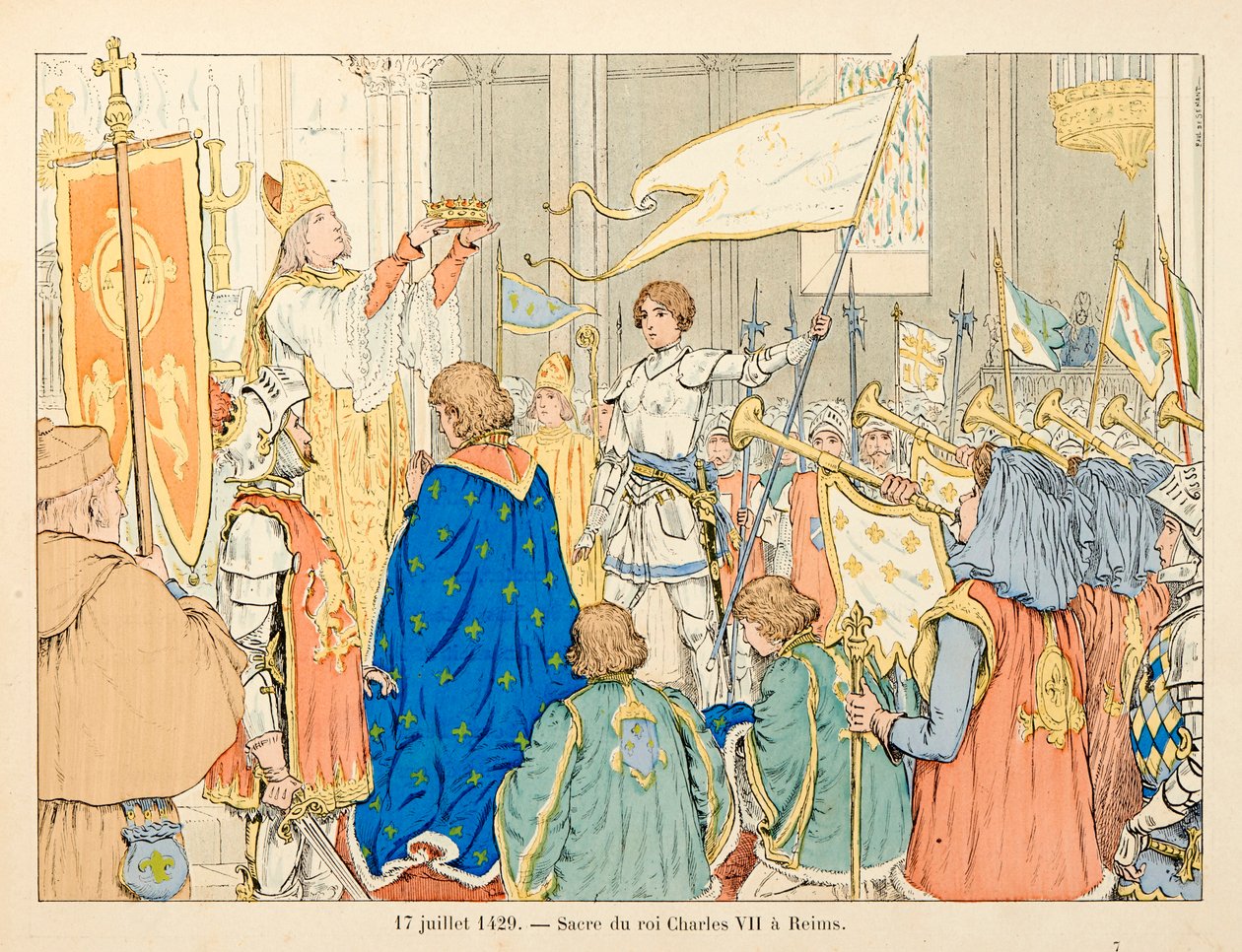 Illustration hämtad från boken "" Joan of Arc "" av Theodore Cahu och illustrerad av Paul De Semant (1855-1915): Sacre of King Charles VII in Reims den 17 juli av Paul de Semant