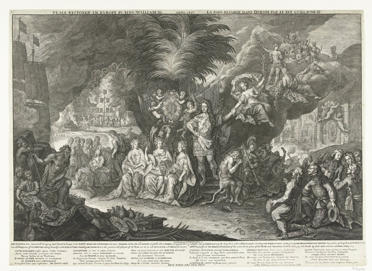 Allegori om kung Vilhelm III som Bringer of Peace in Europe, 1697 Fred återställd i Europa av kung William III / Anno 1697 / La Paix retablie dans l