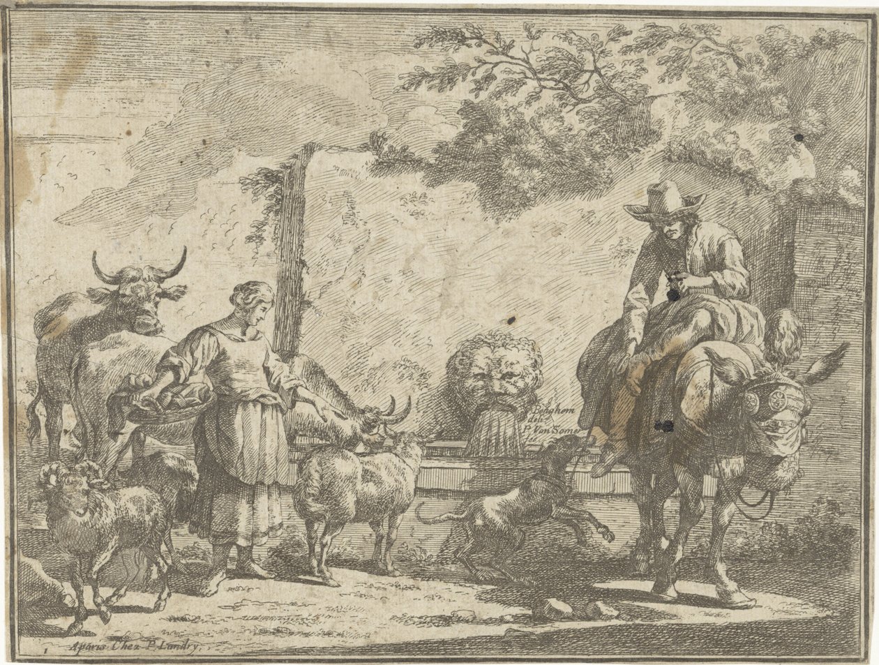 Kvinna och man på en åsna vid en vattenkälla Pastoral Landscapes (serietitel) av Paul van Somer (II)