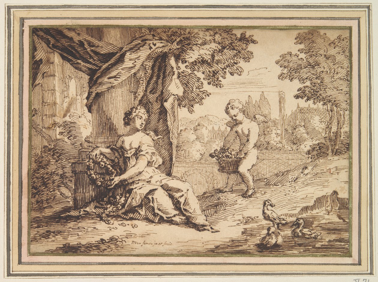 Kvinnor sitter under pelaren med Putto av Paul van Somer