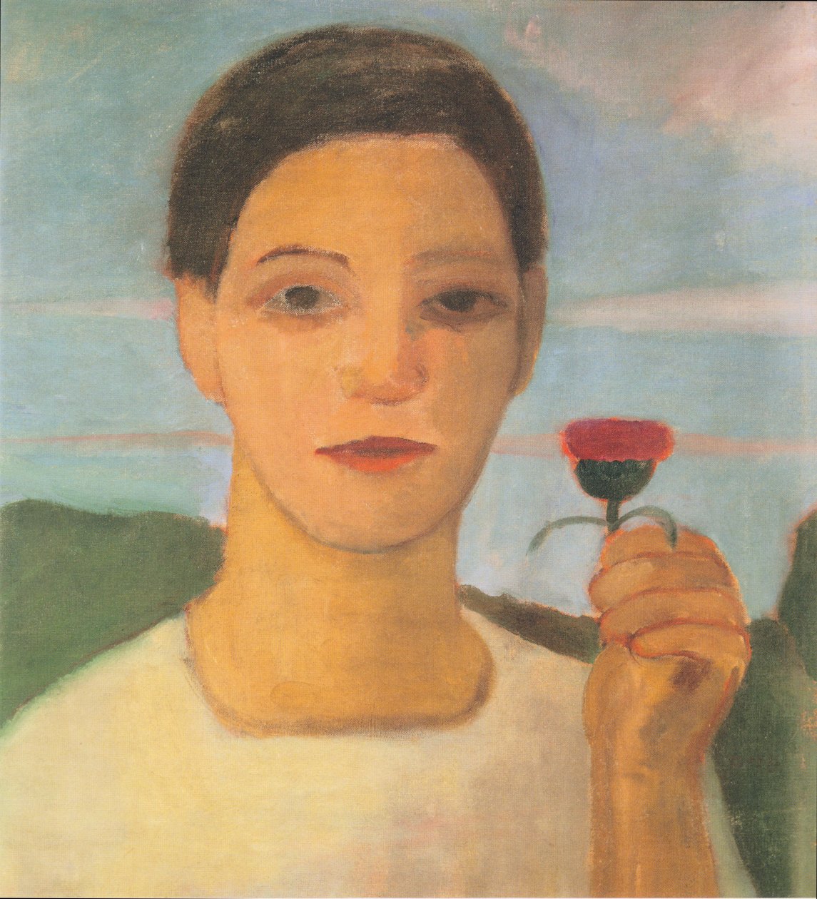 Porträtt av syster Herma med en kronärtskockblomma i sin uppsträckta hand av Paula Modersohn Becker