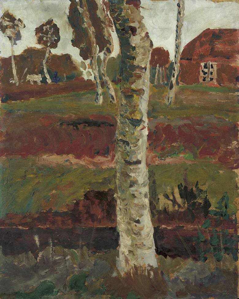 Birkenstamm am Moorgraben vor Landschaft mit Haus av Paula Modersohn Becker