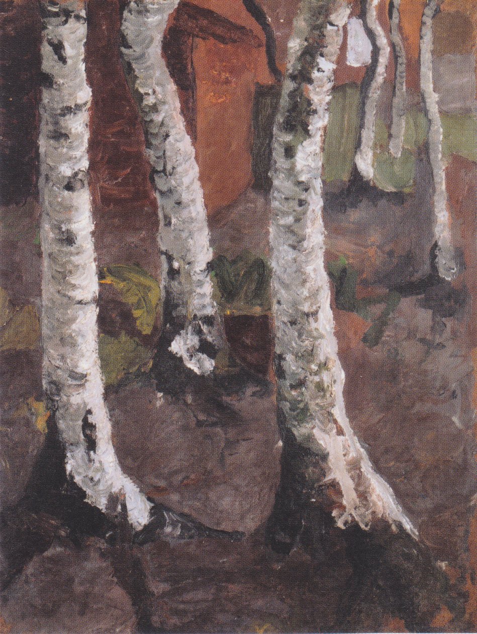 Björkstammar framför det röda gården av Paula Modersohn Becker
