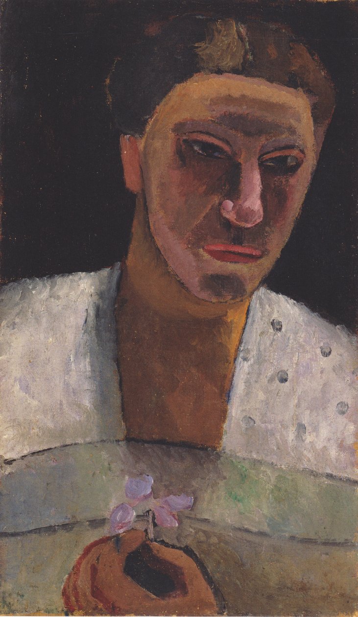 Halvlångt porträtt av Lee Hoetger med en blomma av Paula Modersohn-Becker