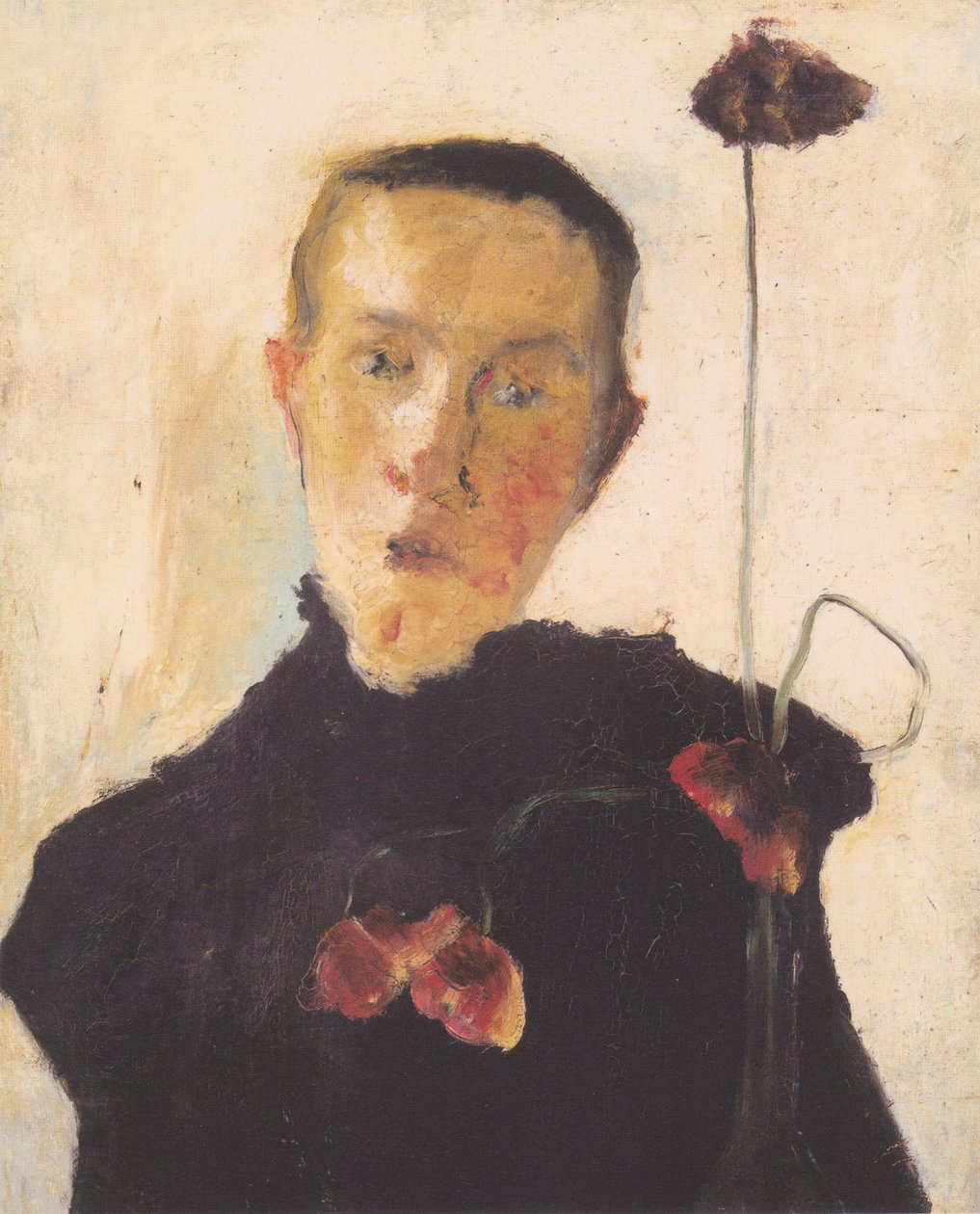 Halvlångt porträtt av en kvinna med vallmo av Paula Modersohn Becker