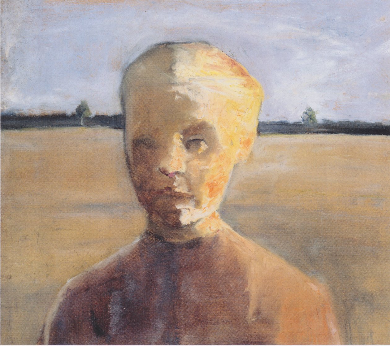 Halvlångt porträtt av en tjej i solen framför ett brett landskap av Paula Modersohn Becker