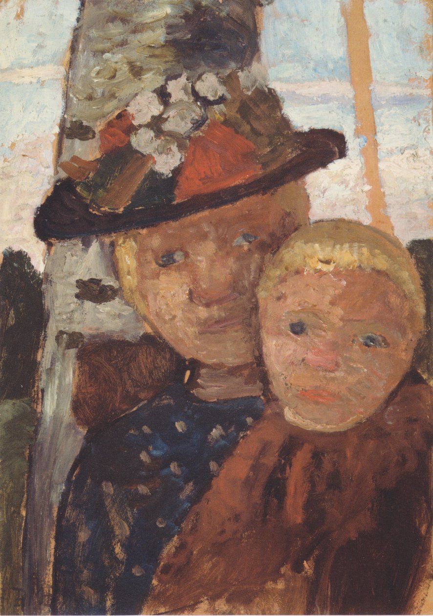 Halvlångt porträtt av en flicka med en blomhatt och en pojke av Paula Modersohn Becker