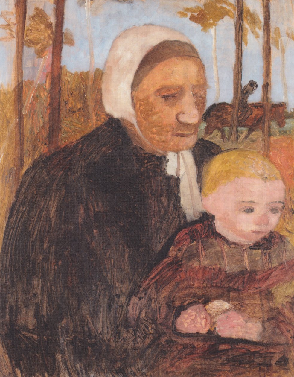 Bondekvinna med barn, i bakgrunden en ryttare av Paula Modersohn Becker