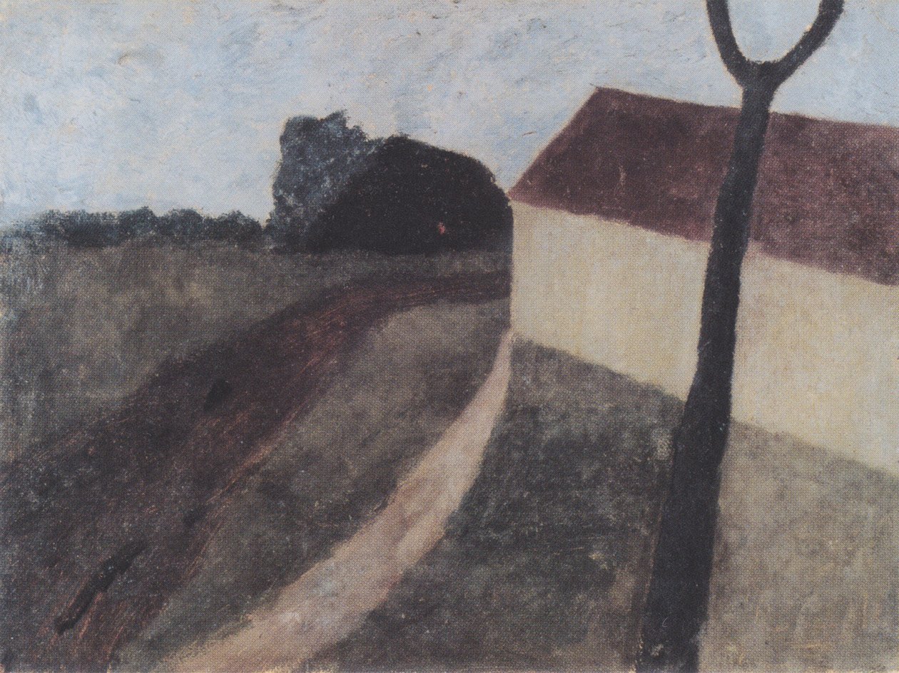 Skymningslandskap med ett hus och en gaffel av en gren av Paula Modersohn Becker