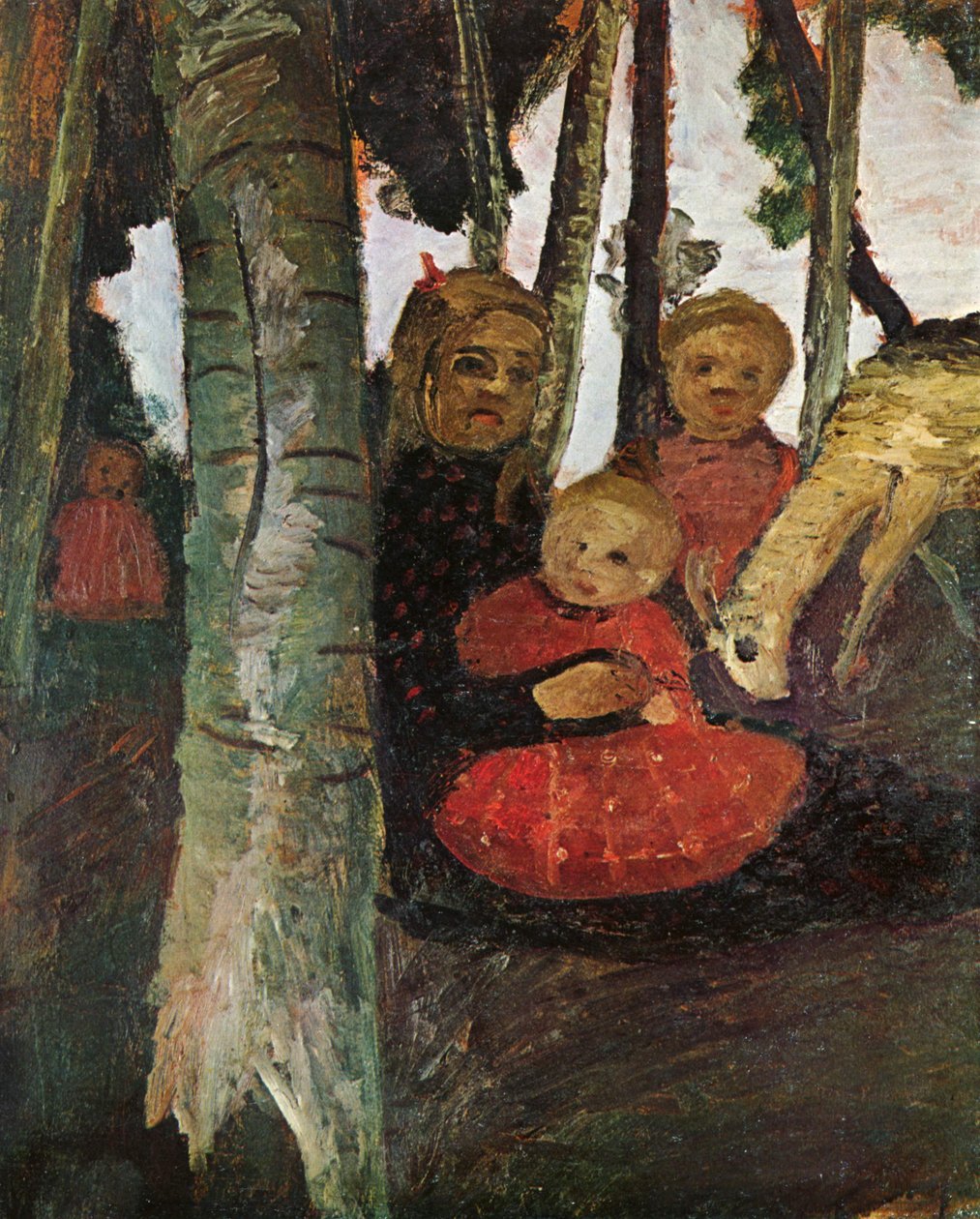 Drei Kinder mit Ziege im Birkenwald av Paula Modersohn Becker