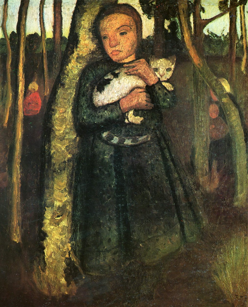 Mädchen mit Katze im Birkenwald av Paula Modersohn Becker