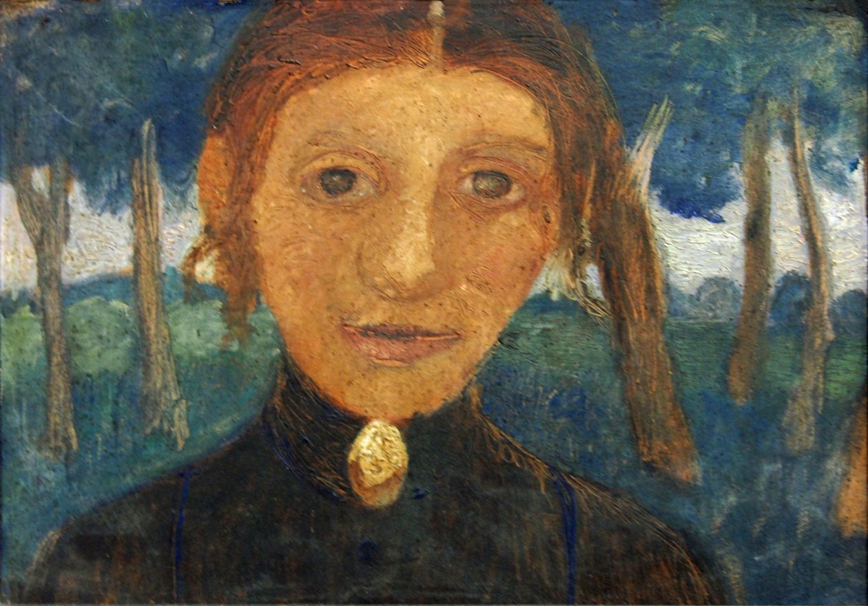 Selbstbildnis mit Landschaft vor Bäumen av Paula Modersohn Becker