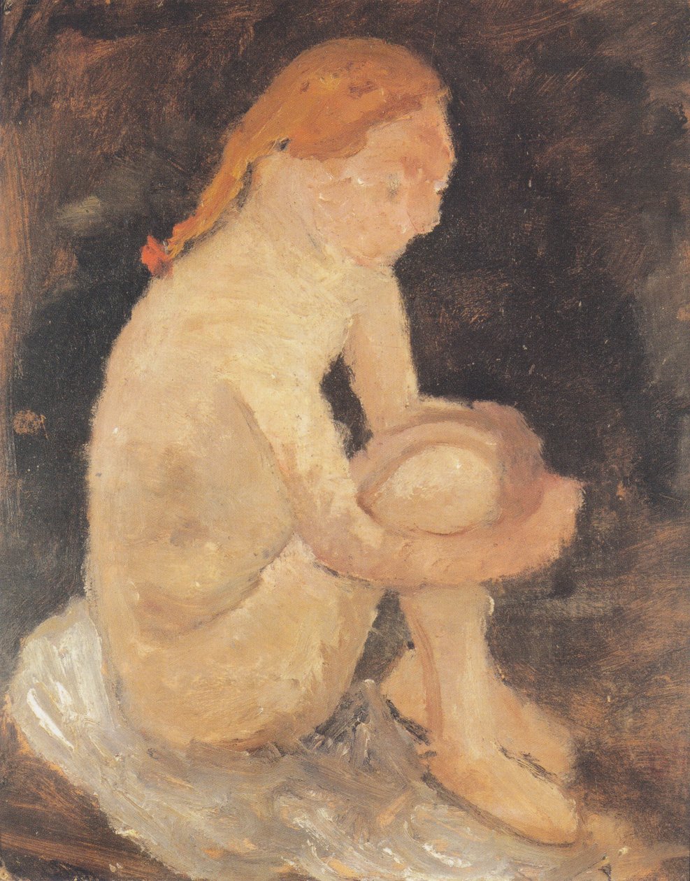 Sitter naken tjej till höger, med uppdragna ben av Paula Modersohn Becker