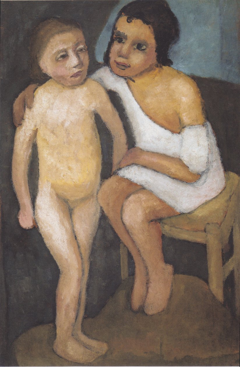 Sittande tjej i vit skjorta och stående naken flicka av Paula Modersohn Becker