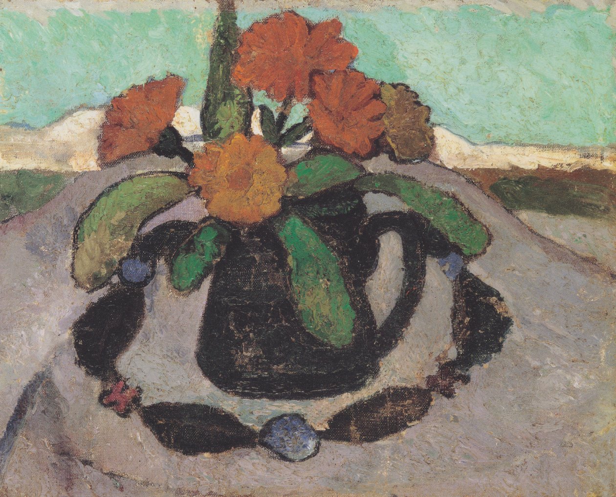 Stilleben med ringblommor framför ett landskap av Paula Modersohn Becker