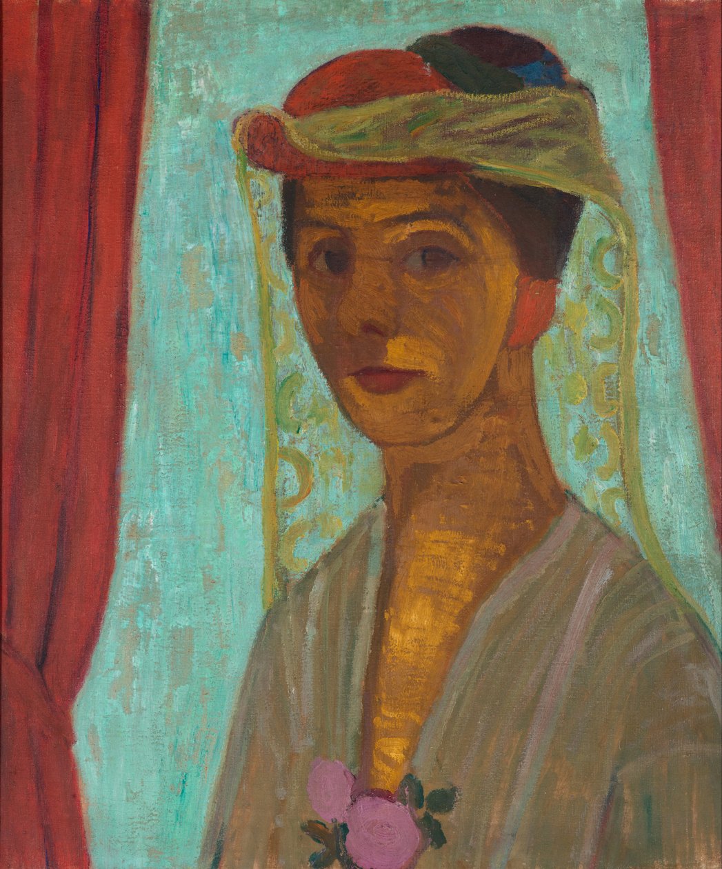 ""Självporträtt med hatt och slöja"" (Självporträtt med hatt och slöja) Målning av Paula Modersohn-Becker (1876-1907) - 1906-1907 - Olja på kartong Dim 89,6x79,8 cm Gemeentemuseum Den Haag (The Haag) Nederländerna av Paula Modersohn Becker