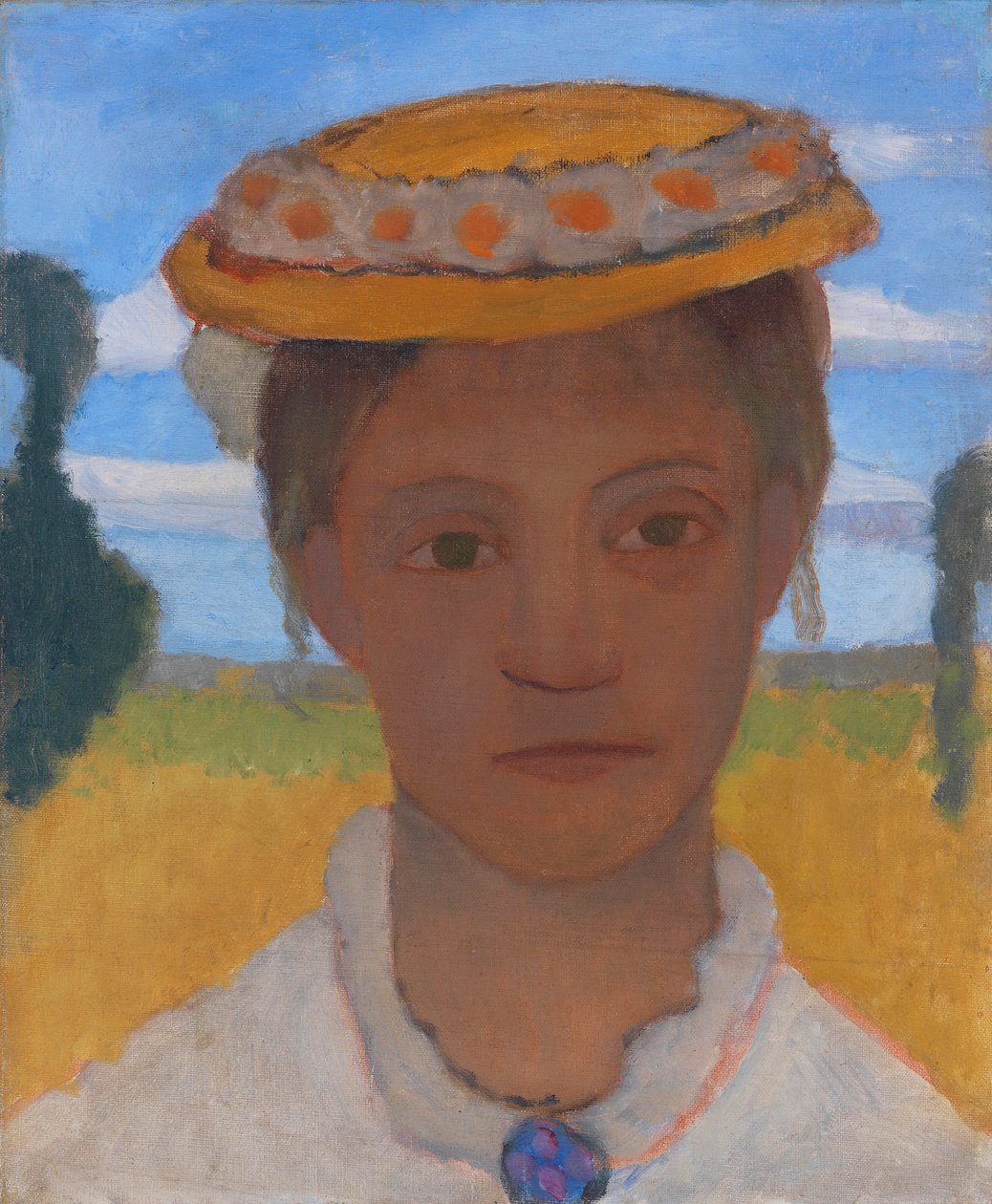 Konstnärens syster Herma med en krans av tusenskönor på hatten, ca 1901. av Paula Modersohn Becker