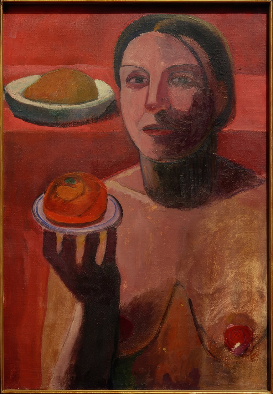 Halvnaken av en italiensk kvinna med tallrik i sin upphöjda hand av Paula Modersohn Becker
