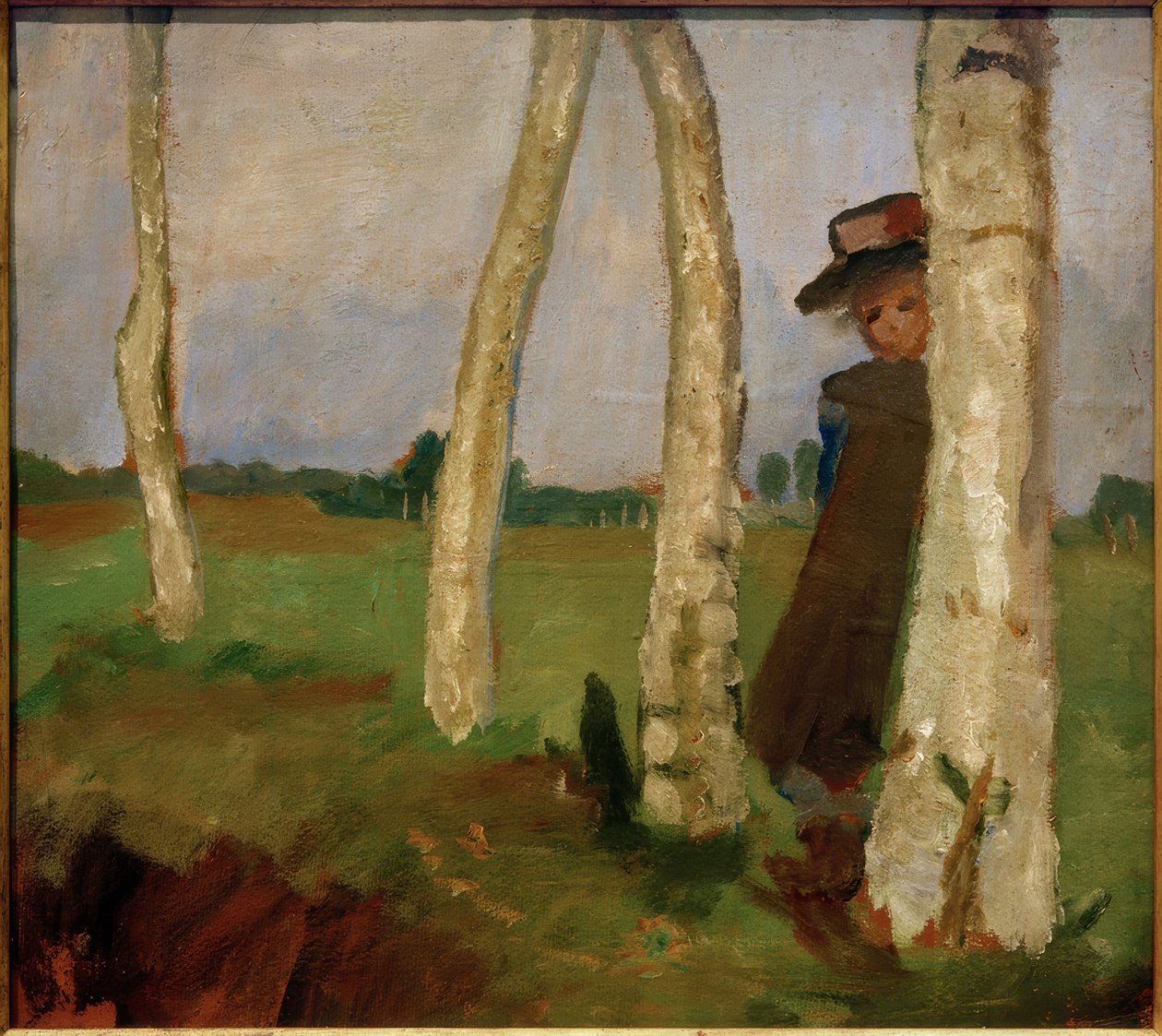 Flicka i hatt mellan björkstammar av Paula Modersohn Becker