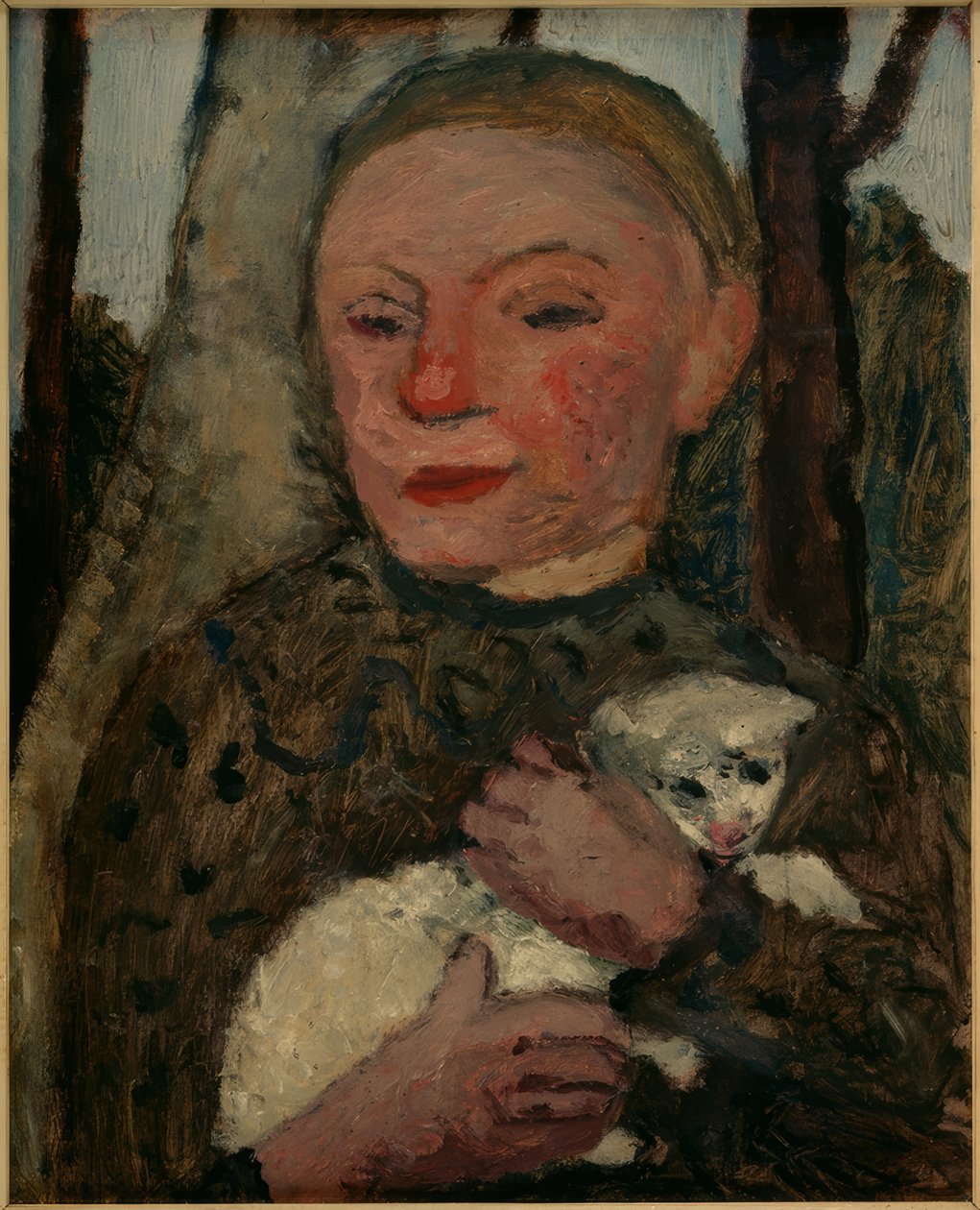 Flicka med ett lamm (halvlångt porträtt av en tjej med ett lamm i famnen) av Paula Modersohn Becker