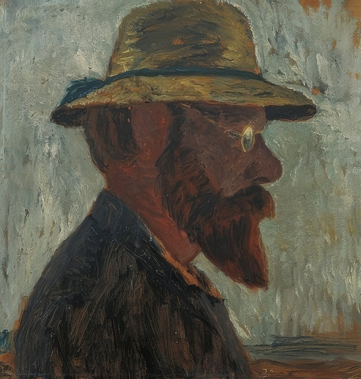 Otto Modersohn med stråhatt i profil till höger. Omkring 1905 av Paula Modersohn Becker