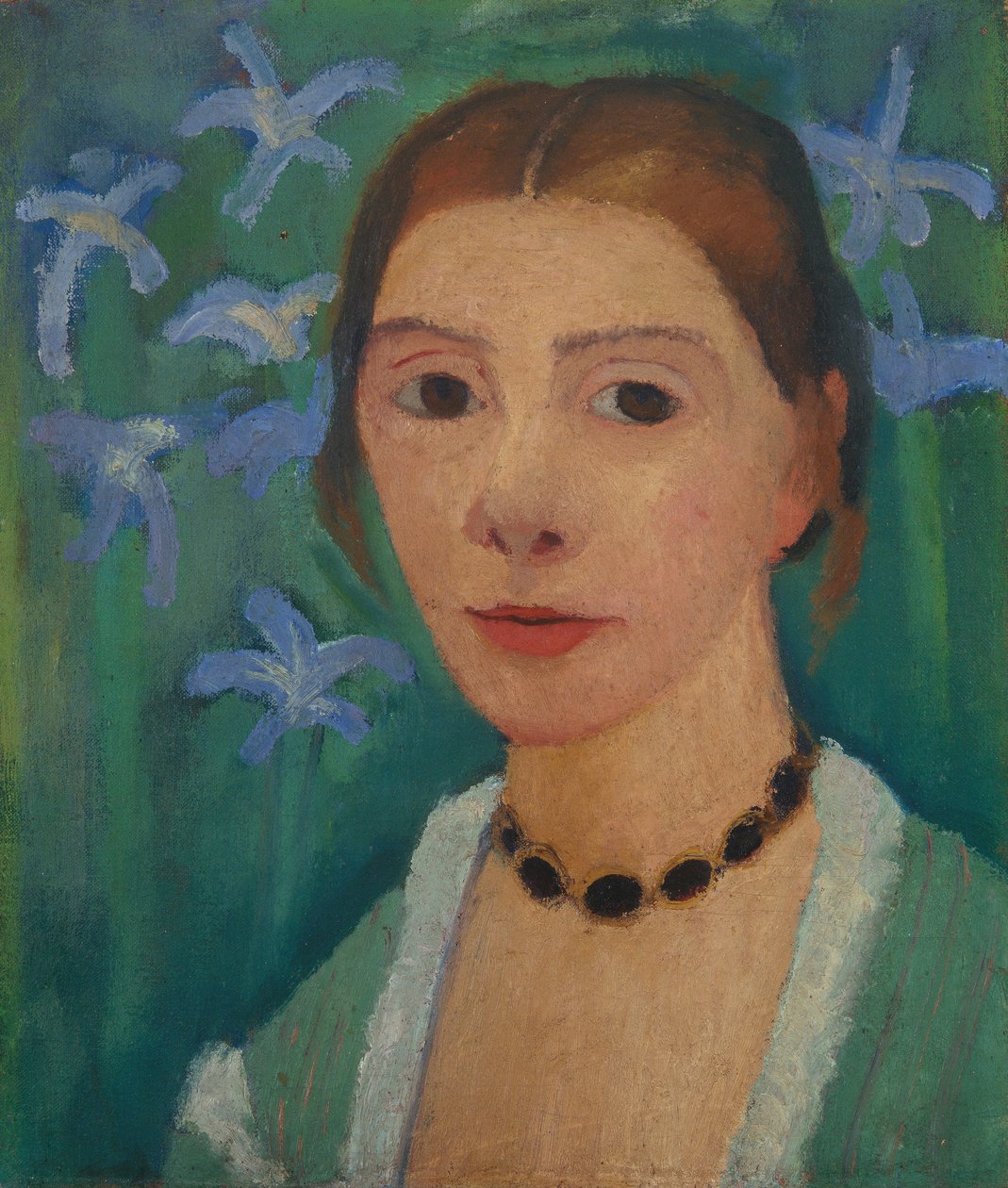 Självporträtt framför grön bakgrund med blå iris av Paula Modersohn Becker