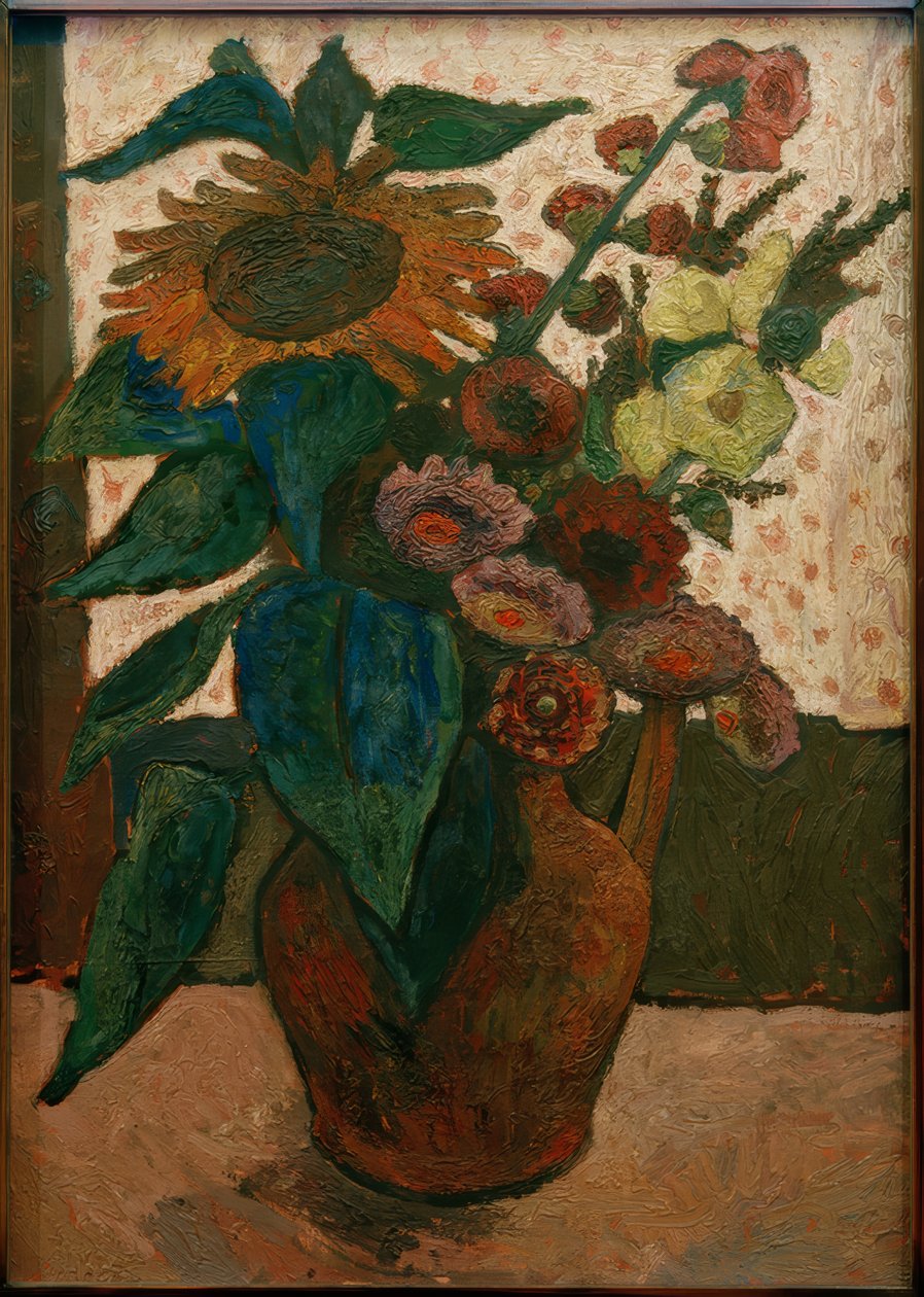 Stilleben med en solros, stockrosor och georginer av Paula Modersohn Becker