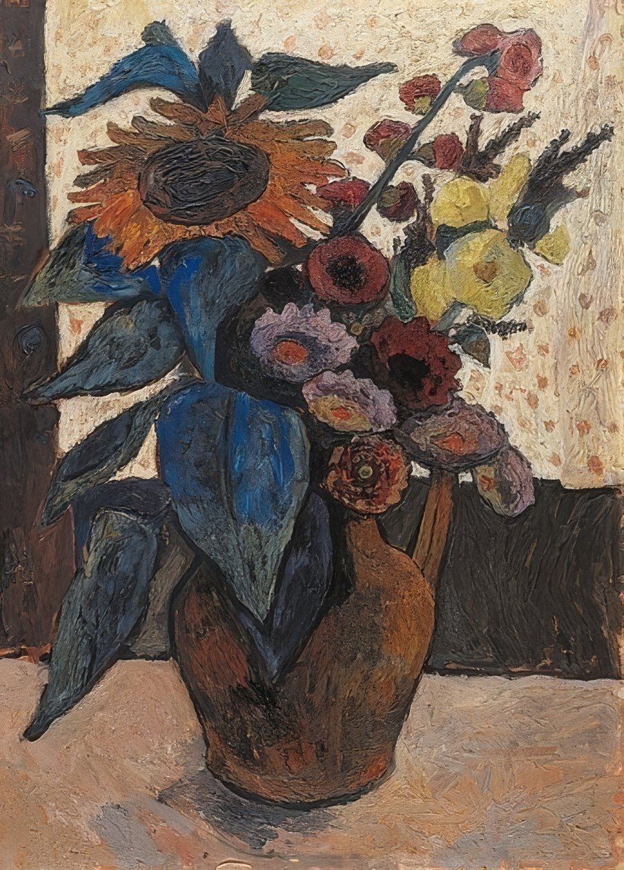 Stilleben med solrosor, stockrosor och georginer. 1907 av Paula Modersohn Becker