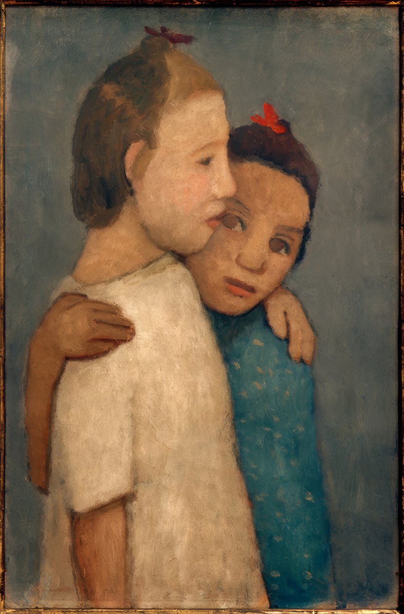 Två tjejer i vita och blå klänningar håller sina axlar av Paula Modersohn Becker
