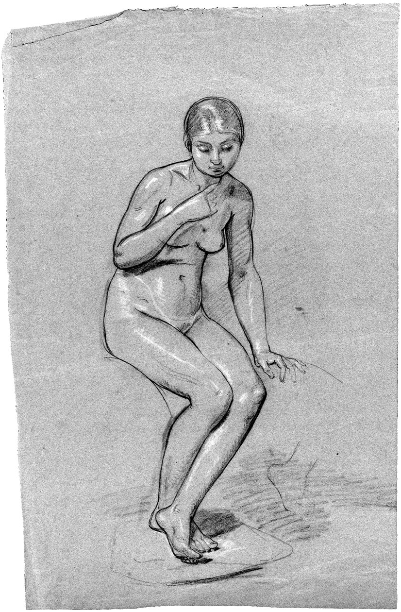 En sittande kvinnlig naken tittar ner (krita på papper) av Pauline Auzou