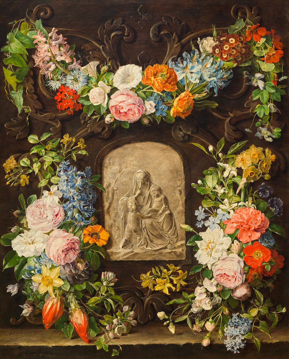Blomkrans med Madonna-relief av Pauline von Koudelka Schmerling