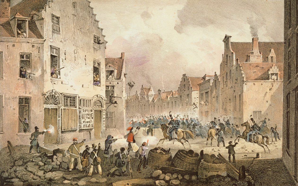 Strider och barrikader i Rue de Flandre, Bryssel, 23 september 1830, graverade av Dewasme-Pletinckx av Paulus Lauters