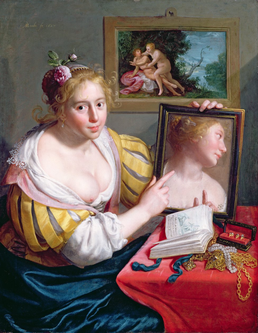 Pige med et spejl, en allegori om profan kærlighed, 1627 swed av Paulus Moreelse