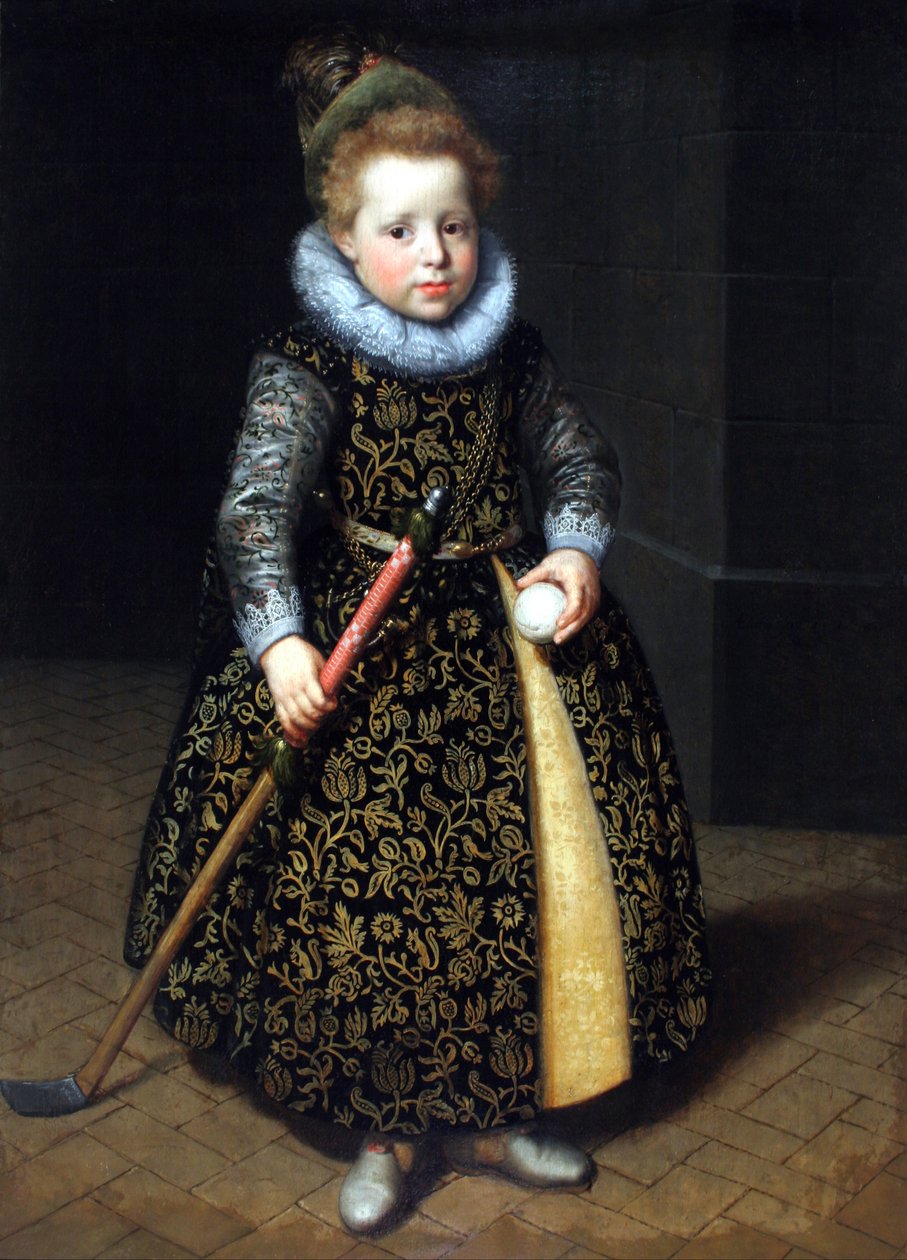 Portrait of a four-year old boy with a club and ball av Paulus Moreelse