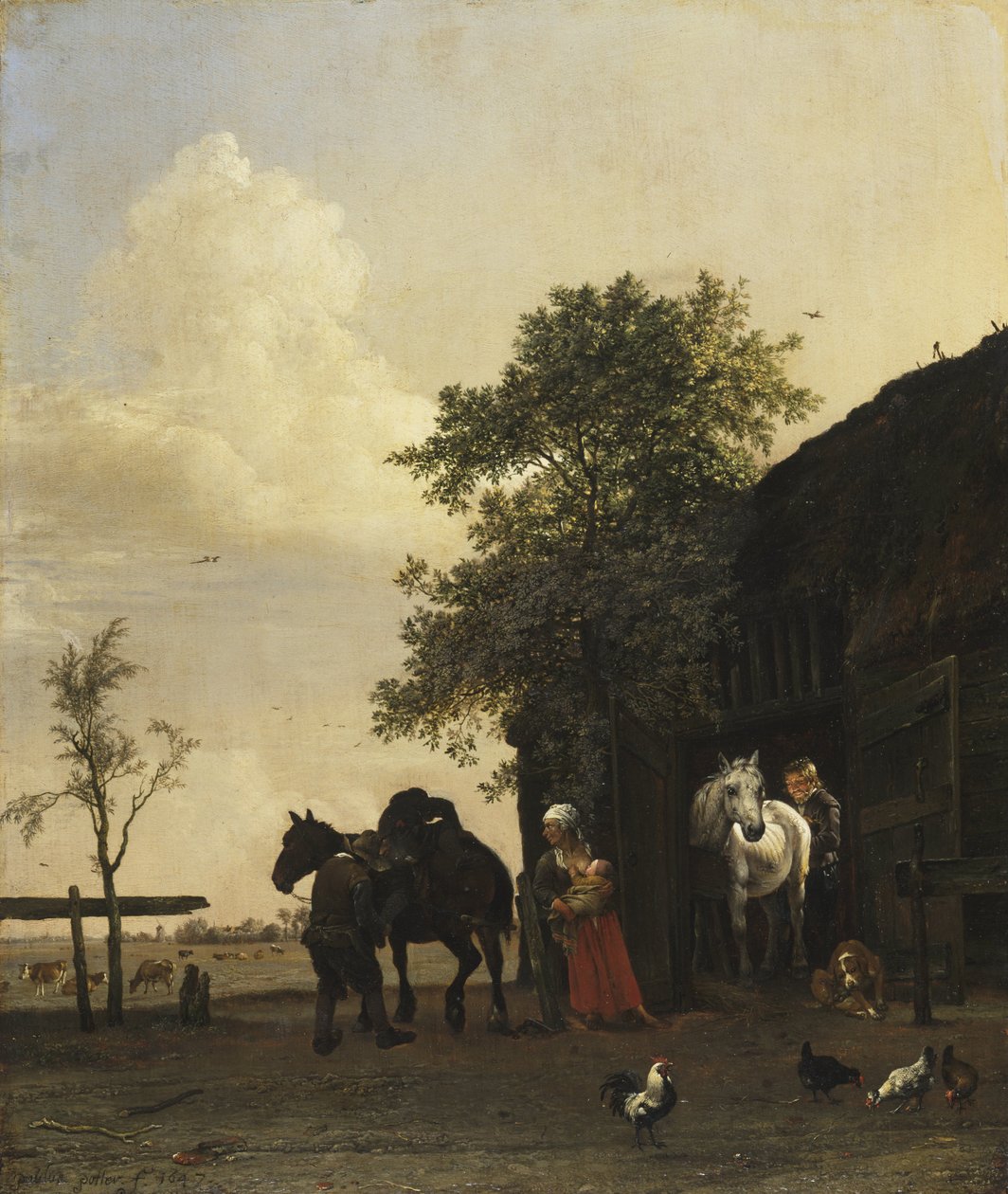 Figures with Horses by a Stable av Paulus Potter