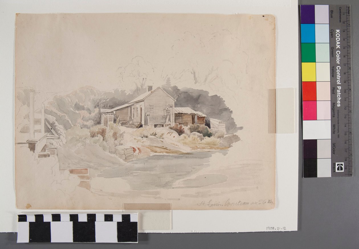 Pencil and watercolor drawing depicting downtown St. Louis scene, Chouteau Avenue at Sixth Street, by local artist Paulus Roetter av Paulus Roetter