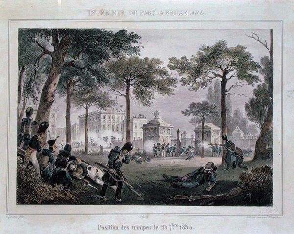 Trupper i Parc Royal, Bryssel, 25 september 1830, graverade av Dewasme-Pletinckx (färg litho) av Paulus (after) Lauters